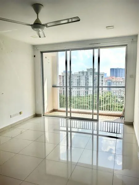 Living features: white painted walls, glossy ceramic tile flooring, 5-blade ceiling fan with light, floor-to-ceiling sliding glass door, balcony access, city view, natural light from large windows, neutral color scheme; style: modern; view: city.