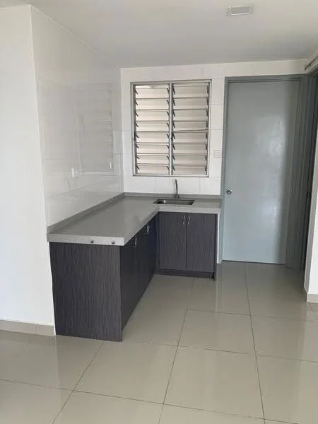 Kitchen features: grey laminate countertop, dark wood cabinetry, single-bowl stainless-steel sink, chrome faucet, white tiled backsplash, glossy beige floor tiles, window with horizontal slats, light-colored walls; style: modern.
