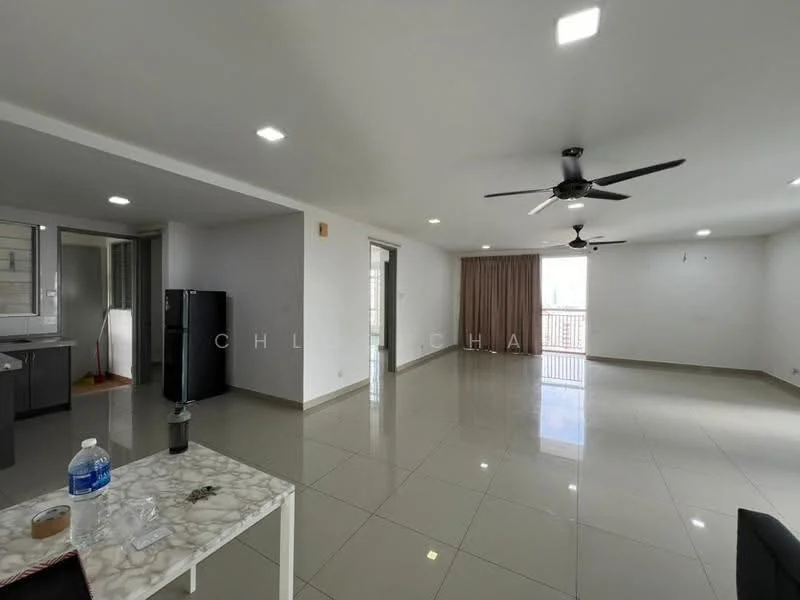 Living features: white painted walls, glossy tile flooring, 5-blade ceiling fan with light, floor-to-ceiling windows, sliding glass door, curtains, recessed downlights, open layout, wall-mounted TV, decorative wall, dining area with marble table, water bottle on table; style: modern; view: city. Kitchen features: grey cabinetry, black refrigerator, open layout to living area; style: modern.