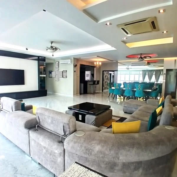 Living features: L-shape sectional sofa in grey, yellow accent cushions, black coffee table, wall-mounted TV, recessed downlights, ceiling fan, marble flooring, decorative wall paneling, open layout to dining area, large windows with city view; style: modern; view: city. Dining features: 6-seater dining table, upholstered dining chairs in turquoise, chandelier lighting, open layout to living area, large windows with city view; style: modern; view: city.