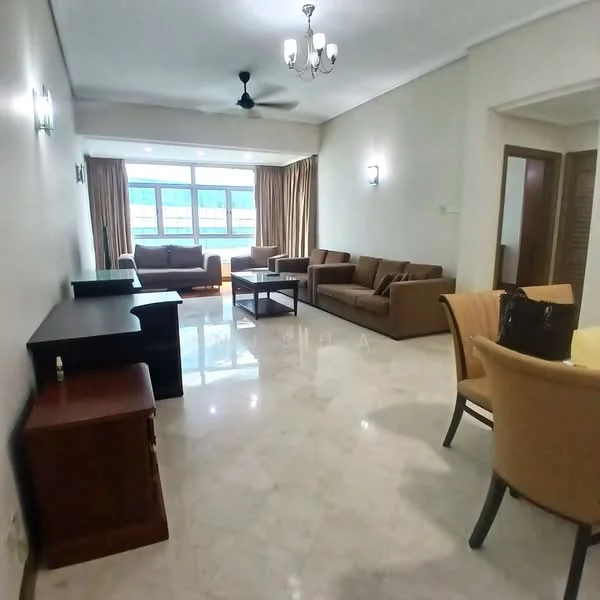 Living features: marble flooring, cream painted walls, 5-blade ceiling fan with light, chandelier, floor-to-ceiling windows, curtains, 3-seater fabric sofa in beige, 2-seater fabric sofa in beige, coffee table, TV console, area rug; style: modern; view: city. Dining features: dining table with 4 chairs, wooden dining chairs, cream painted walls; style: modern; view: city.
