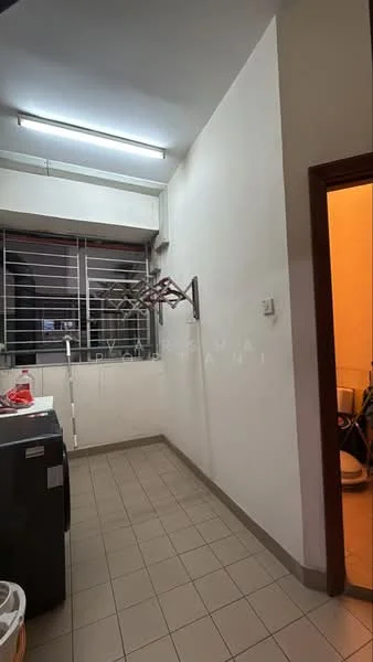 Laundry features: white painted walls, grey tiled flooring, window with metal grilles, clothes drying rack, washing machine, utility sink, light fixture on ceiling.