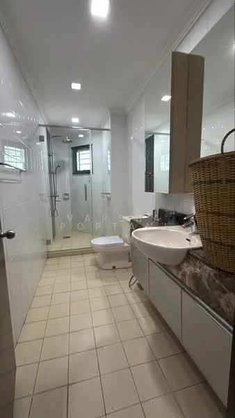Bathroom features: white tiled walls, cream tiled flooring, glass shower enclosure, rain shower head, handheld shower, single-sink vanity with marble countertop, chrome basin mixer, framed mirror, toilet, built-in cabinets, basket for storage; style: modern.