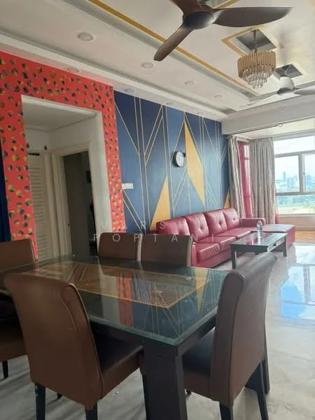 Living features: red leather sofa, glass coffee table, 4 dining chairs, decorative wall with geometric pattern, painted accent wall in red and blue, chandelier, ceiling fan, floor-to-ceiling windows, curtains, marble flooring, wall clock; style: modern; view: city.