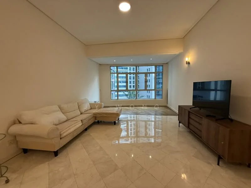 Living features: L-shape sectional sofa in cream, marble flooring, wall-mounted TV, wooden TV console, floor-to-ceiling windows, recessed downlights, neutral painted walls, decorative wall sconces; style: modern; view: city.