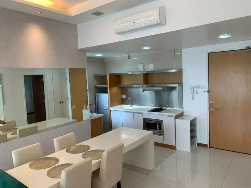 Kitchen features: white cabinetry, stainless-steel sink, chrome pull-down faucet, built-in oven, 4-burner gas hob, stainless-steel range hood, microwave, refrigerator, white quartz countertop, tile backsplash, dining table with 6 chairs, wall-mounted split AC, recessed downlights, floor-to-ceiling mirror, ceramic tile flooring; style: modern.