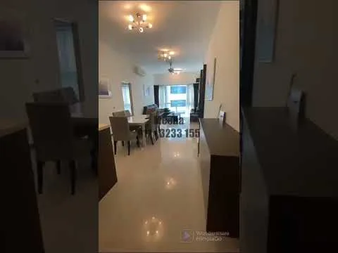 Living features: cream painted walls, marble tile flooring, recessed downlights, 5-blade ceiling fan with light, floor-to-ceiling windows, dining table with chairs, sofa, TV console, decorative wall art; style: modern; view: city.