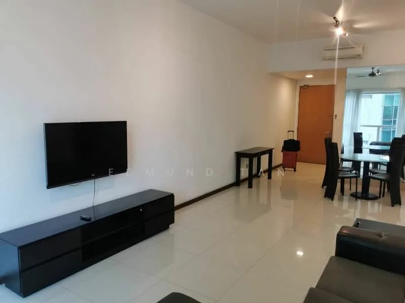 Living features: white painted walls, glossy ceramic tile flooring, recessed downlights, wall-mounted TV, black TV console, black dining table, black dining chairs, air conditioning unit; style: modern.