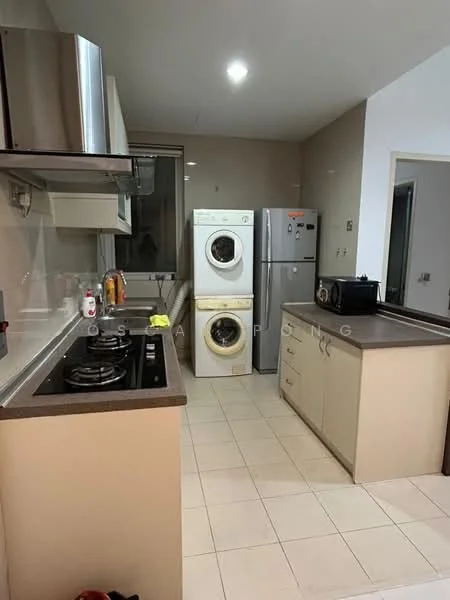 Kitchen features: stainless-steel range hood, 4-burner gas hob, built-in oven, double-bowl stainless-steel sink, chrome pull-down faucet, white cabinetry, countertop in dark color, tile flooring, refrigerator, front-load washing machine, tumble dryer, window with natural light, wall-mounted lighting; style: modern.