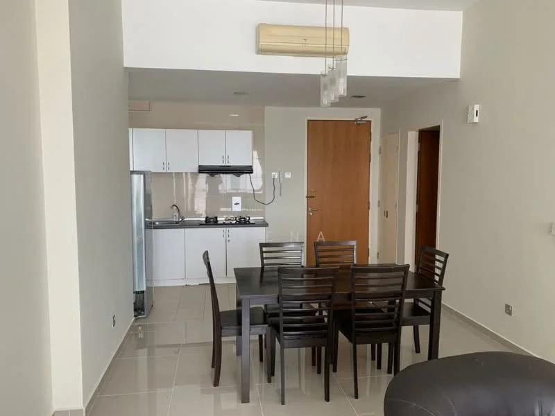 Dining features: 6-seater dining table, black dining chairs, white walls, tile flooring, recessed downlights, open layout to kitchen, window with natural light, air conditioning unit; style: modern. Kitchen features: white cabinetry, stainless-steel fridge, built-in gas stove, exhaust hood, single-bowl stainless-steel sink, grey countertop, tile backsplash, microwave, open shelving; style: modern.