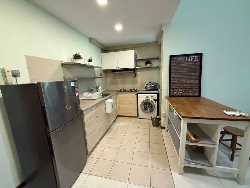 Kitchen features: stainless-steel fridge, built-in oven, 4-burner gas hob, single-bowl stainless-steel sink, chrome pull-down faucet, white cabinetry, wood countertop, washing machine, tile flooring, light grey walls, recessed downlights, open shelving, decorative wall art; style: modern.