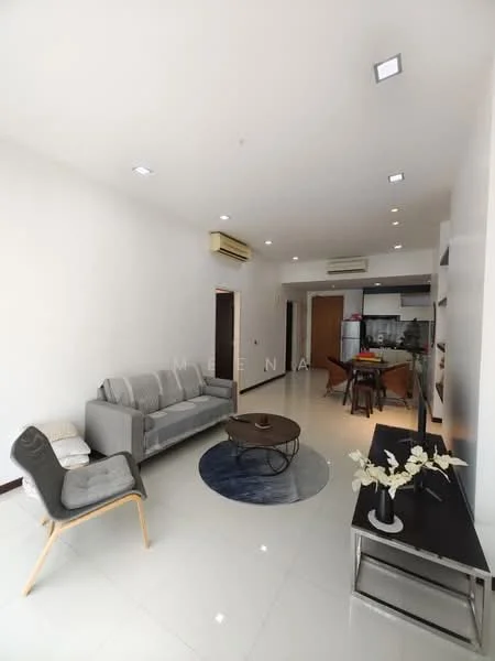 Living features: grey fabric 3-seater sofa, round coffee table, area rug with circular pattern, wall-mounted TV, TV console, recessed LED downlights, white painted walls, glossy tile flooring, air conditioning unit, open layout to kitchen-dining area; style: modern.