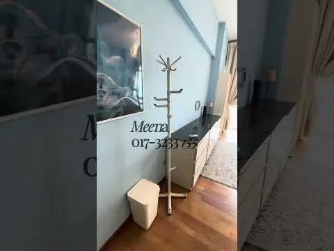 Room features: light blue painted walls, wooden flooring, white cabinet, black countertop, metal coat rack, white trash bin, decorative wall art, curtains, area rug; style: modern.