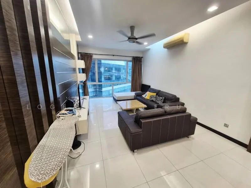 Living features: 3-seater leather sofa in dark brown, 2-seater leather sofa in dark brown, coffee table with wooden top, TV console with wall-mounted TV, floor-to-ceiling windows, curtains in brown, ceiling fan with light, white tiled flooring, decorative wall paneling in dark wood, air conditioning unit on wall; style: modern; view: city.