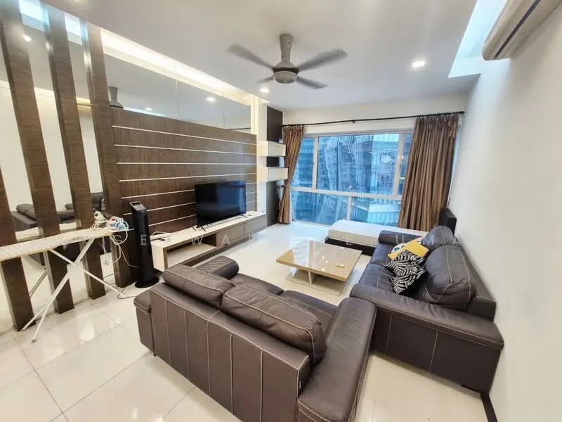 Living features: 3-seater leather sofa in dark brown, 2-seater leather sofa in dark brown, coffee table with glass top, TV console with wall-mounted TV, floor-to-ceiling windows, curtains in beige, ceiling fan with light, decorative throw pillows, wall-mounted shelving, white painted walls, polished tile flooring, iron board, decorative wall art; style: modern; view: city.