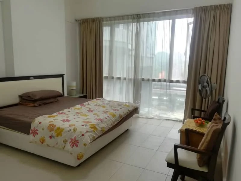 Bedroom features: queen-size bed with floral bedding, floor-to-ceiling windows, sheer curtains, light-coloured walls, tile flooring, ceiling fan, wooden chair, small side table, decorative fruit bowl; style: modern; view: city.