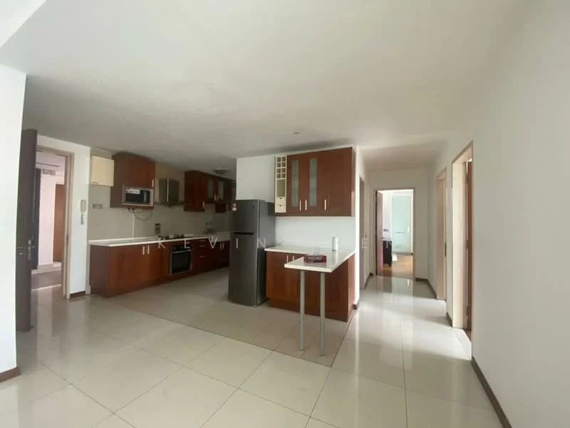Kitchen features: brown wooden cabinetry, stainless-steel fridge, built-in oven, freestanding range oven, microwave, single-bowl stainless-steel sink, chrome pull-down faucet, white tiled backsplash, ceramic tile flooring, recessed downlights; style: modern. Living features: open layout, white painted walls, large windows, ceramic tile flooring; style: modern. Hallway features: white painted walls, ceramic tile flooring, doorways leading to other rooms.