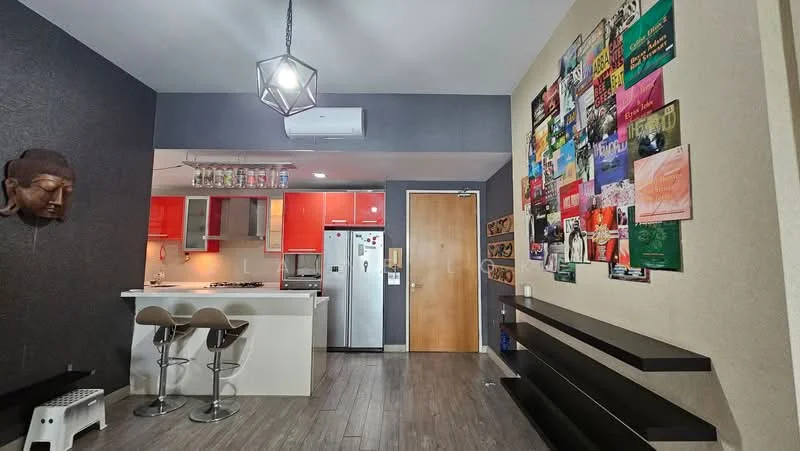 Living features: wooden flooring, grey accent wall, feature wall with posters, recessed ceiling lights, pendant light fixture, open-plan layout, bar stools, kitchen island, stainless-steel fridge, built-in oven, gas hob, white cabinetry, countertop with breakfast bar; style: modern. Kitchen features: white cabinetry, stainless-steel fridge, built-in oven, gas hob, kitchen island, pendant light fixture; style: modern.