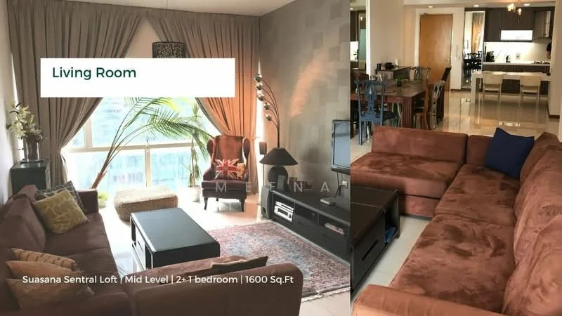 Living features: 3-seater fabric sofa in brown, 2-seater fabric sofa in brown, coffee table, TV console, wall-mounted TV, area rug with geometric pattern, floor-to-ceiling windows, curtains, decorative wall with textured finish, decorative mirror, potted plant, light fixture, dining area visible in background; style: modern; view: city.