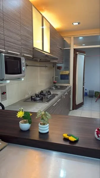 Kitchen features: brown laminate cabinetry, stainless-steel sink, chrome pull-down faucet, 4-burner gas hob, built-in microwave, freestanding range oven, white tiled backsplash, white tiled flooring, recessed LED downlights, sliding glass door, open shelving, decorative plants; style: modern.