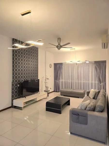 Living features: white painted walls, grey accent wall with geometric pattern, polished ceramic tile flooring, 5-blade ceiling fan with light, recessed LED downlights, sofa with grey upholstery, coffee table in black, TV console in white, wall-mounted TV, floor-to-ceiling windows with sheer curtains, curtains in light grey, decorative wall clock; style: modern.