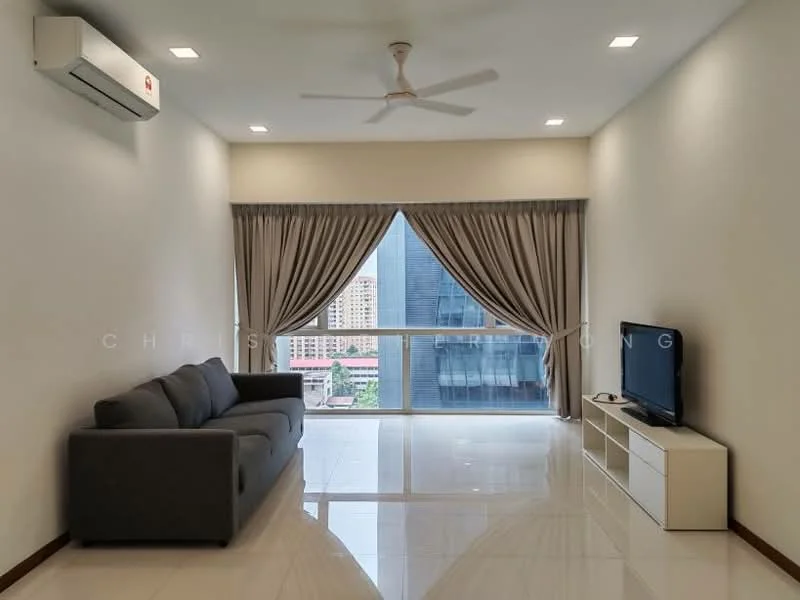 Living features: 3-seater fabric sofa in grey, TV console in white, wall-mounted TV, floor-to-ceiling windows, sheer curtains, recessed LED downlights, ceiling fan, glossy tile flooring, air conditioning unit, decorative wall, city view; style: modern; view: city.
