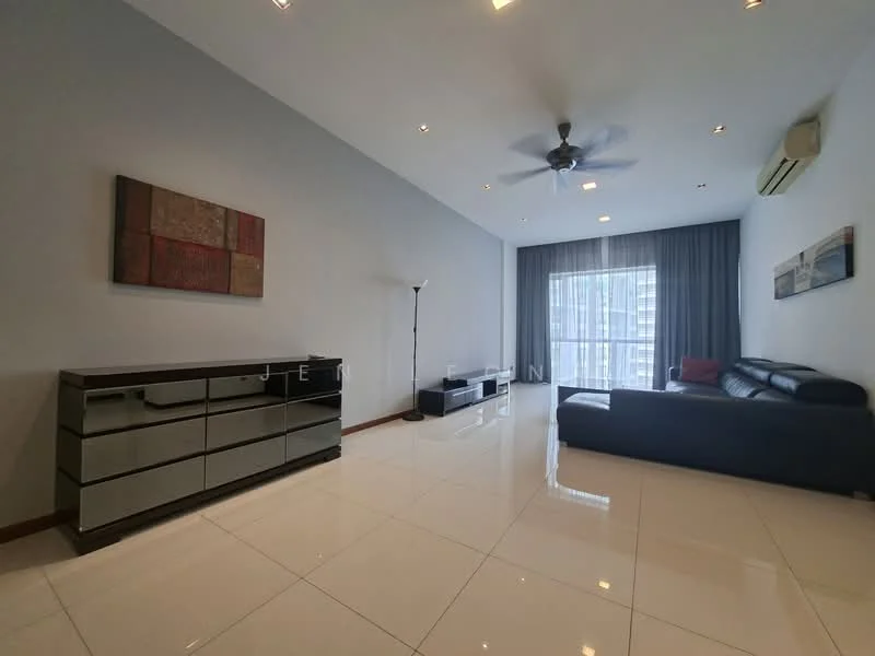 Living features: white painted walls, glossy ceramic tile flooring, 5-blade ceiling fan with light, floor-to-ceiling windows, grey sheer curtains, black leather sectional sofa, black glass TV console, decorative artwork on walls, wall-mounted air conditioning unit, recessed downlights; style: modern.