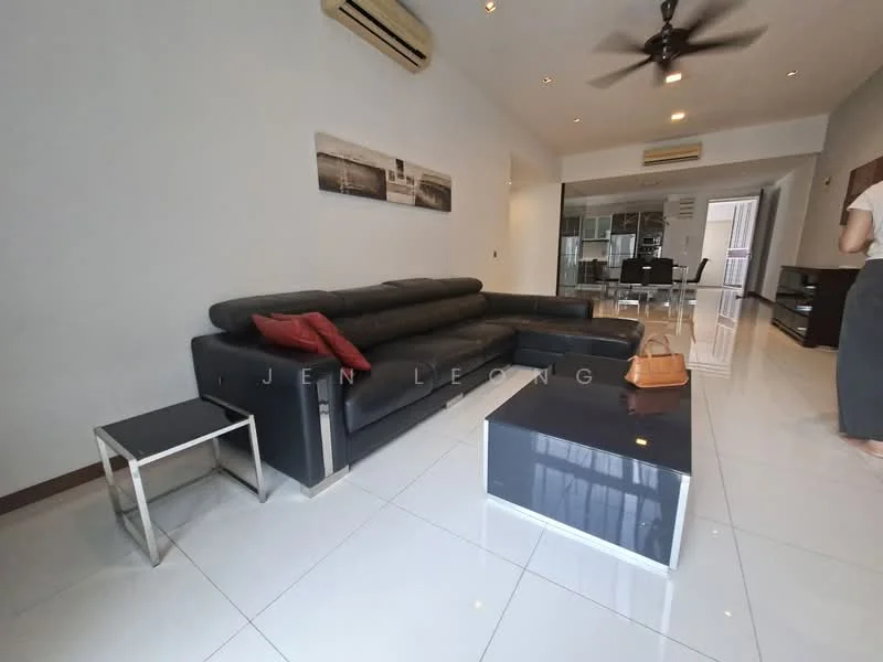 Living features: L-shape sectional sofa in black leather, coffee table with glossy black surface, side table with metal frame, white tiled flooring, wall-mounted air conditioning unit, ceiling fan with light, decorative wall art, recessed lighting, open layout to dining area, large windows for natural light; style: modern.