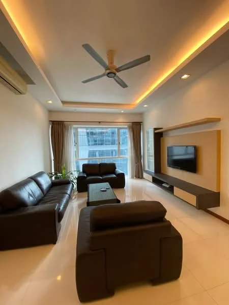 Living features: 3-seater leather sofa in dark brown, 2-seater leather sofa in dark brown, coffee table, wall-mounted TV, entertainment unit, floor-to-ceiling windows, curtains, ceiling fan with light, recessed LED downlights, white painted walls, glossy tile flooring, decorative wall panel; style: modern; view: city.