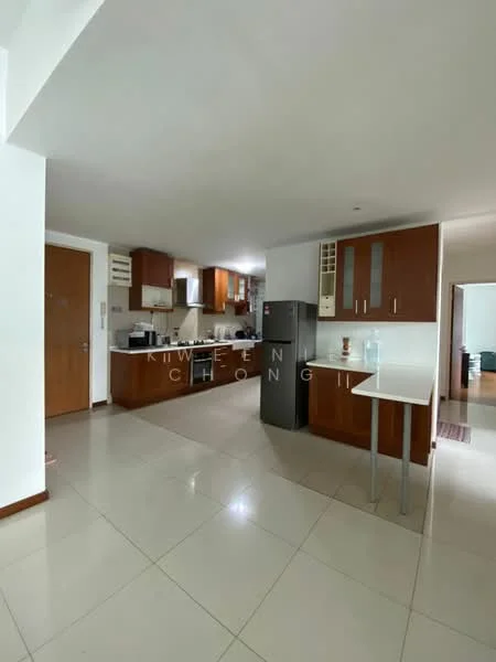 Kitchen features: white cabinets, brown wooden cabinetry, stainless-steel fridge, built-in oven, ceramic tile flooring, white countertop, kitchen island with seating, open layout to living area, wall-mounted cabinets, sink, window for natural light; style: modern. Room features: white walls, doorway leading to another room, light-colored flooring.