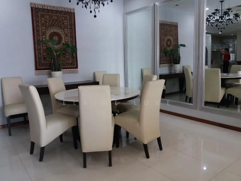 Dining features: round dining table, marble-top dining table, 6 upholstered dining chairs in cream, decorative wall art, mirrored wall, potted plant, polished tile flooring, chandelier lighting; style: modern.