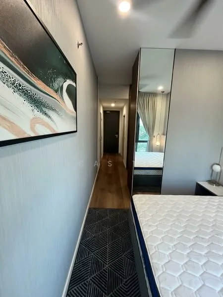 Room features: wooden flooring, light grey painted walls, mirror wardrobe, wall-mounted artwork, recessed ceiling lights, curtains, doorway leading to another room, carpet runner with geometric pattern; style: modern.
