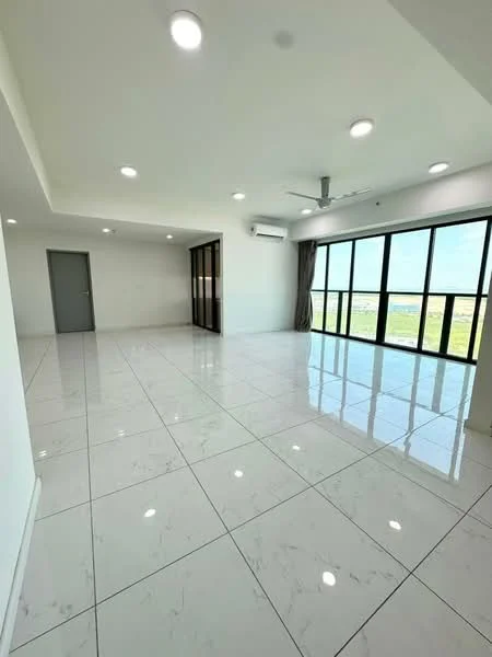 Living features: white painted walls, marble tile flooring, recessed downlights, 5-blade ceiling fan, floor-to-ceiling windows, sliding glass door, curtains, air conditioning unit; style: modern; view: garden.