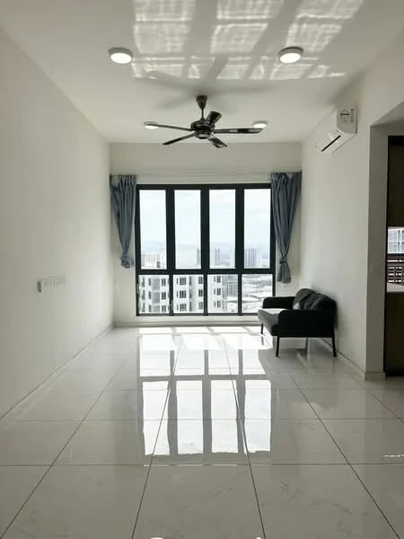 Living features: white painted walls, glossy marble tile flooring, 5-blade ceiling fan with light, floor-to-ceiling windows, black sofa, sheer curtains, wall-mounted air conditioning unit, natural light from windows; style: modern; view: city.
