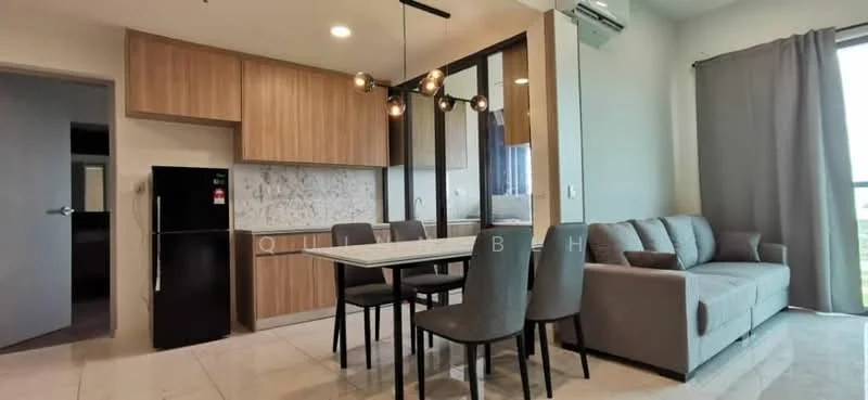 Dining features: 6-seater dining table, upholstered dining chairs, pendant lighting, grey fabric sofa, black fridge, wood cabinetry, white marble backsplash, tile flooring, floor-to-ceiling windows, curtains, air conditioning unit; style: modern; view: city.