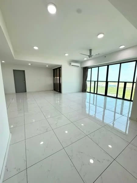 Living features: large floor-to-ceiling windows, white painted walls, marble tile flooring, 5-blade ceiling fan with light, recessed downlights, air conditioning unit, curtains, open layout; style: modern; view: garden.