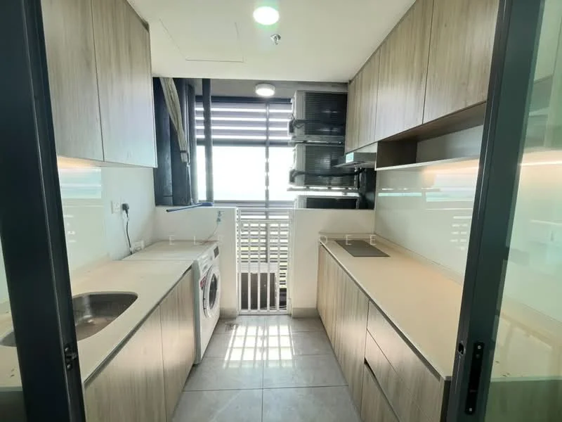 Kitchen features: single-bowl stainless-steel sink, chrome pull-down faucet, laminate countertop, wood cabinetry, built-in washing machine, built-in oven, ceramic tile flooring, recessed downlights, floor-to-ceiling windows, window blinds, open shelving, ventilation system; style: modern; view: city.