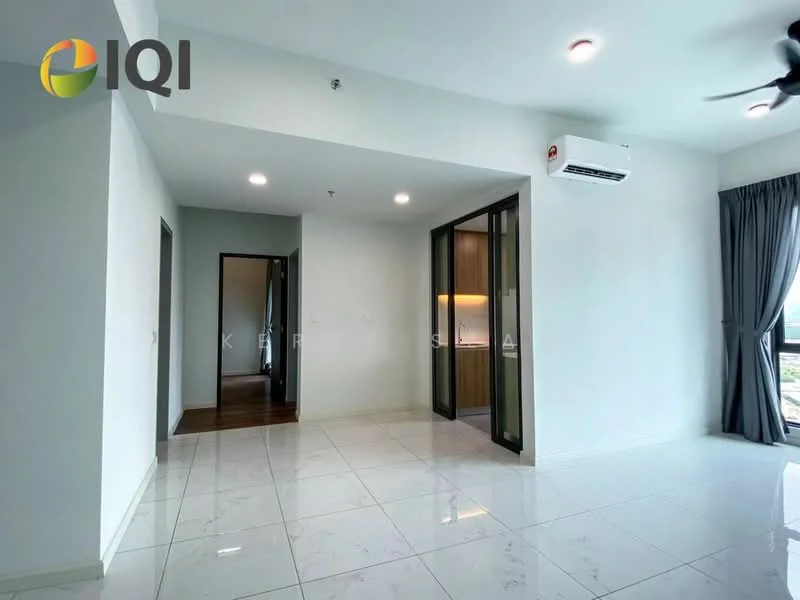 Living features: white painted walls, glossy white tile flooring, 5-blade ceiling fan, wall-mounted split AC, floor-to-ceiling windows, curtains, recessed downlights, open layout, doorway to bedroom, doorway to kitchen area; style: modern; view: city.