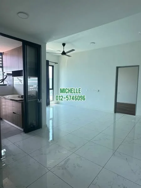 Living features: white painted walls, marble tile flooring, 5-blade ceiling fan, floor-to-ceiling windows, sliding glass door, natural light from windows, open layout, neutral color scheme; style: modern; view: city. Kitchen features: kitchen cabinetry, countertop, stainless-steel sink, kitchen island, built-in appliances; style: modern.