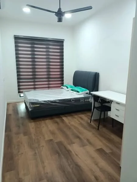 Bedroom features: queen-size bed with upholstered headboard, wooden flooring, white painted walls, blackout roller blinds, ceiling fan, study desk with drawers, black chair; style: modern.