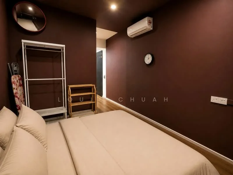 Bedroom features: brown painted walls, wooden flooring, queen-size bed with beige bedding, wall-mounted air conditioning unit, round wall mirror, wall clock, open shelving unit, wooden rack, decorative floral item, light ceiling lights; style: modern.