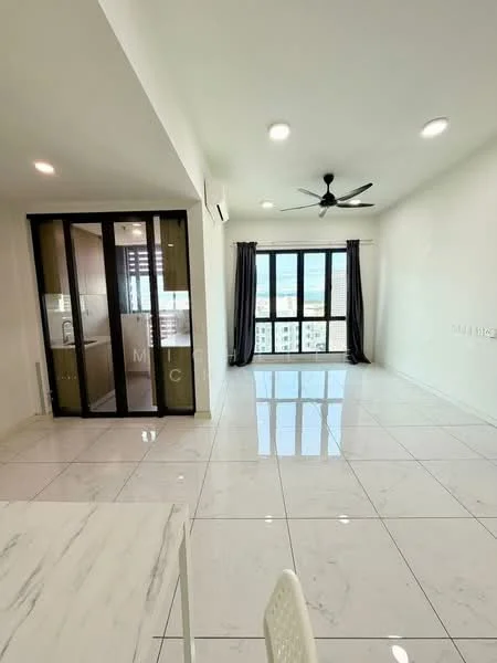 Living features: white painted walls, marble tile flooring, 5-blade ceiling fan with light, floor-to-ceiling windows, grey curtains, recessed LED downlights, open layout, view of city skyline; style: modern; view: city. Room features: glass sliding door, partition wall with wooden frame.