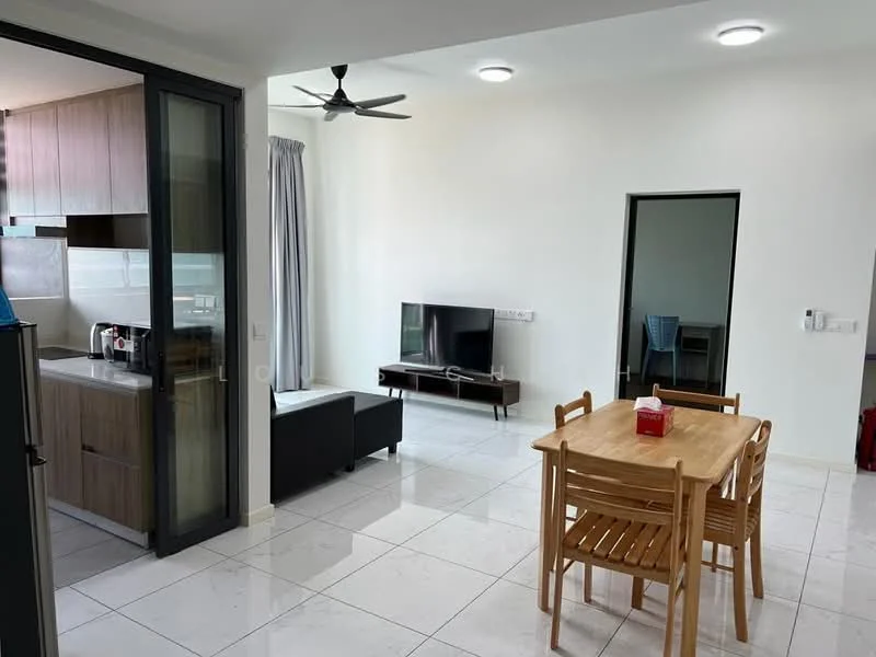 Living features: white painted walls, glossy tile flooring, 5-blade ceiling fan with light, wall-mounted TV, TV console, sofa in black, dining table with 4 wooden chairs, floor-to-ceiling windows, curtains, recessed ceiling lights; style: modern. Kitchen features: wood cabinetry, stainless-steel fridge, built-in oven, ceramic cooktop, countertop with backsplash, sink, kitchen island, open layout; style: modern.