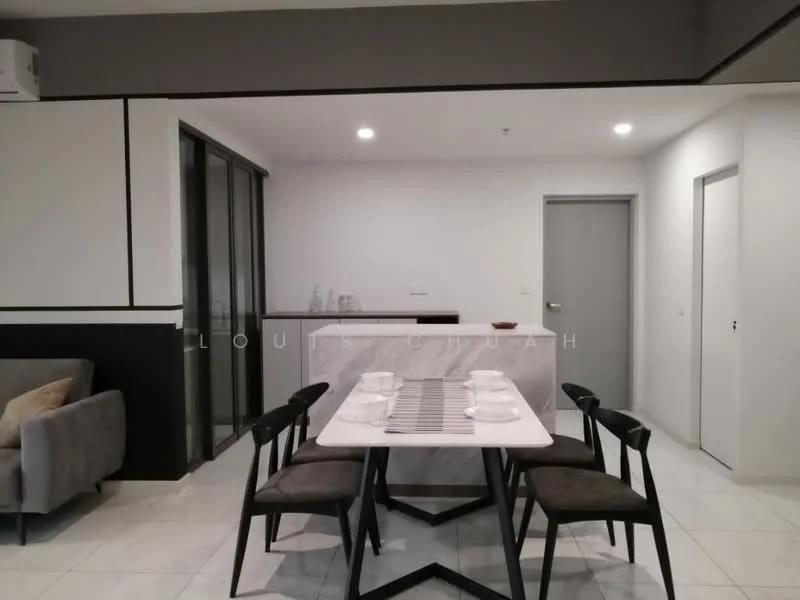 Dining features: 6-seater dining table, marble-top dining table, black dining chairs, table setting with plates and cutlery, white walls, recessed downlights, floor-to-ceiling windows, grey sofa in adjacent living area, tile flooring, open layout, neutral color palette; style: modern. Room features: white painted walls, grey accent wall, door to hallway, glass sliding door.