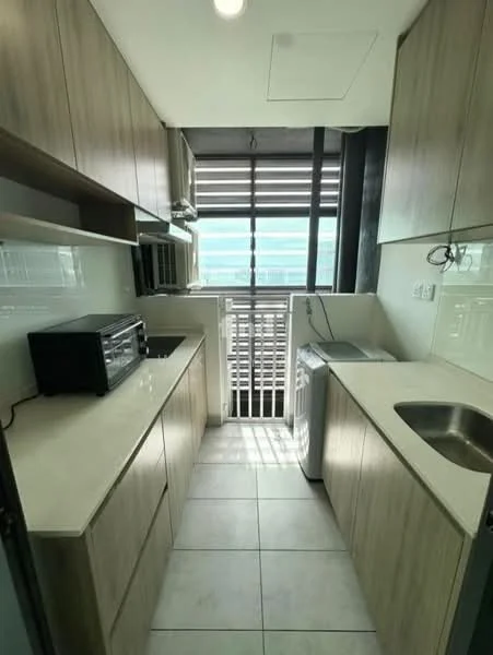 Kitchen features: light wood cabinetry, white countertop, stainless-steel sink, single-bowl sink, chrome faucet, built-in washing machine, microwave, tile flooring, window with horizontal blinds, open shelving, under-cabinet lighting; style: modern; view: city.