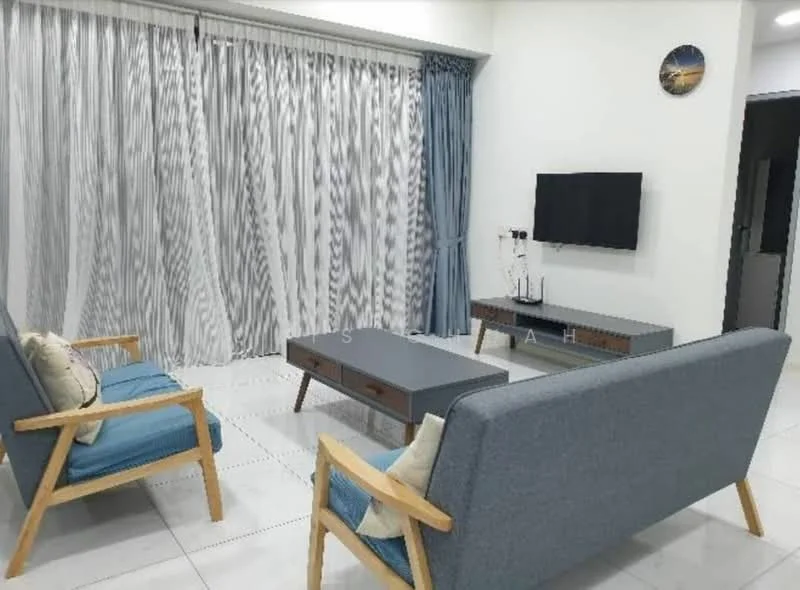 Living features: 2-seater fabric sofa in blue, 3-seater fabric sofa in blue, wooden armrests on sofas, coffee table with wooden legs and grey top, wall-mounted TV, white painted walls, grey curtains with wave pattern, ceramic tile flooring, decorative wall clock, LED lighting, area rug with geometric pattern; style: modern.