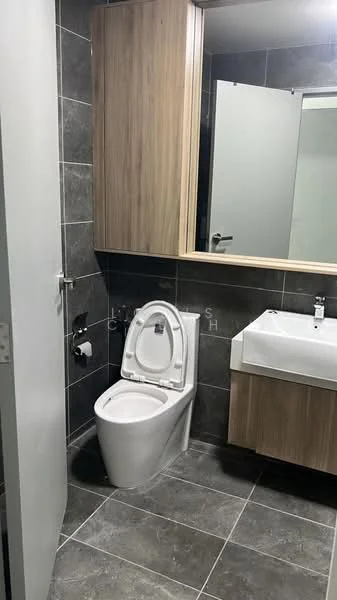 Bathroom features: grey tiled walls, grey tiled flooring, single-sink vanity with wood cabinet, chrome basin mixer faucet, framed mirror, one-piece toilet, built-in cabinet, recessed lighting; style: modern.