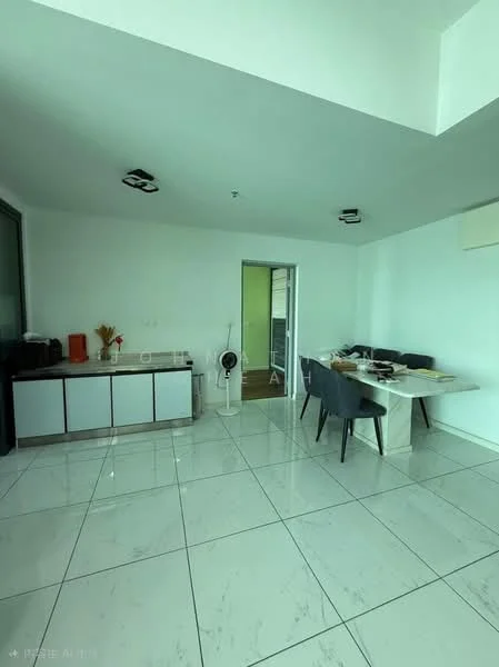 Dining features: white painted walls, glossy white tile flooring, dining table with 6 chairs, ceiling lights, air conditioning unit, sideboard cabinet, floor-to-ceiling windows, fan, decorative vase; style: modern. Room features: white painted walls, glossy white tile flooring, doorway leading to another room.