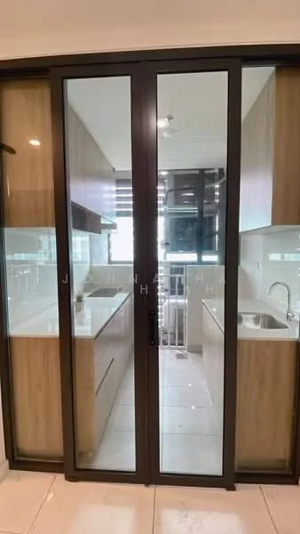 Kitchen features: glass sliding door, wood cabinetry, white countertop, stainless-steel sink, chrome faucet, built-in cabinets, tile flooring, window with blinds; style: modern.