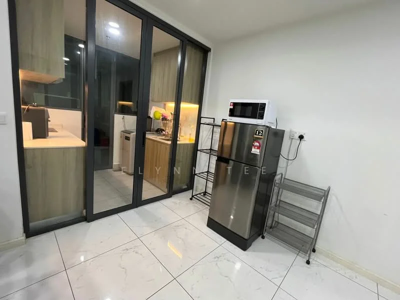 Kitchen features: white cabinets, stainless-steel fridge, built-in microwave, white countertop, ceramic tile flooring, glass sliding door, wooden cabinetry, open shelving, recessed lighting; style: modern.